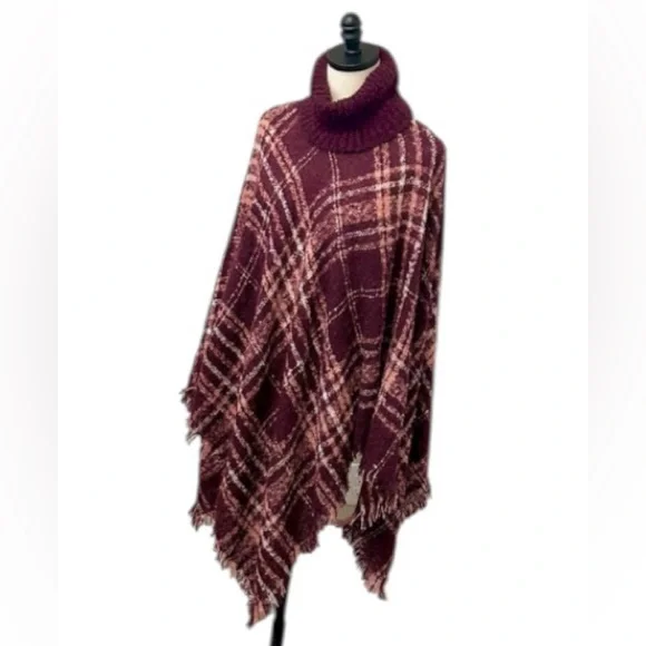 NWT BURGUNDY PINK & WHITE PULL OVER COWL NECK PONCHO SHAWL CAPE COVER UP - Picture 2 of 7